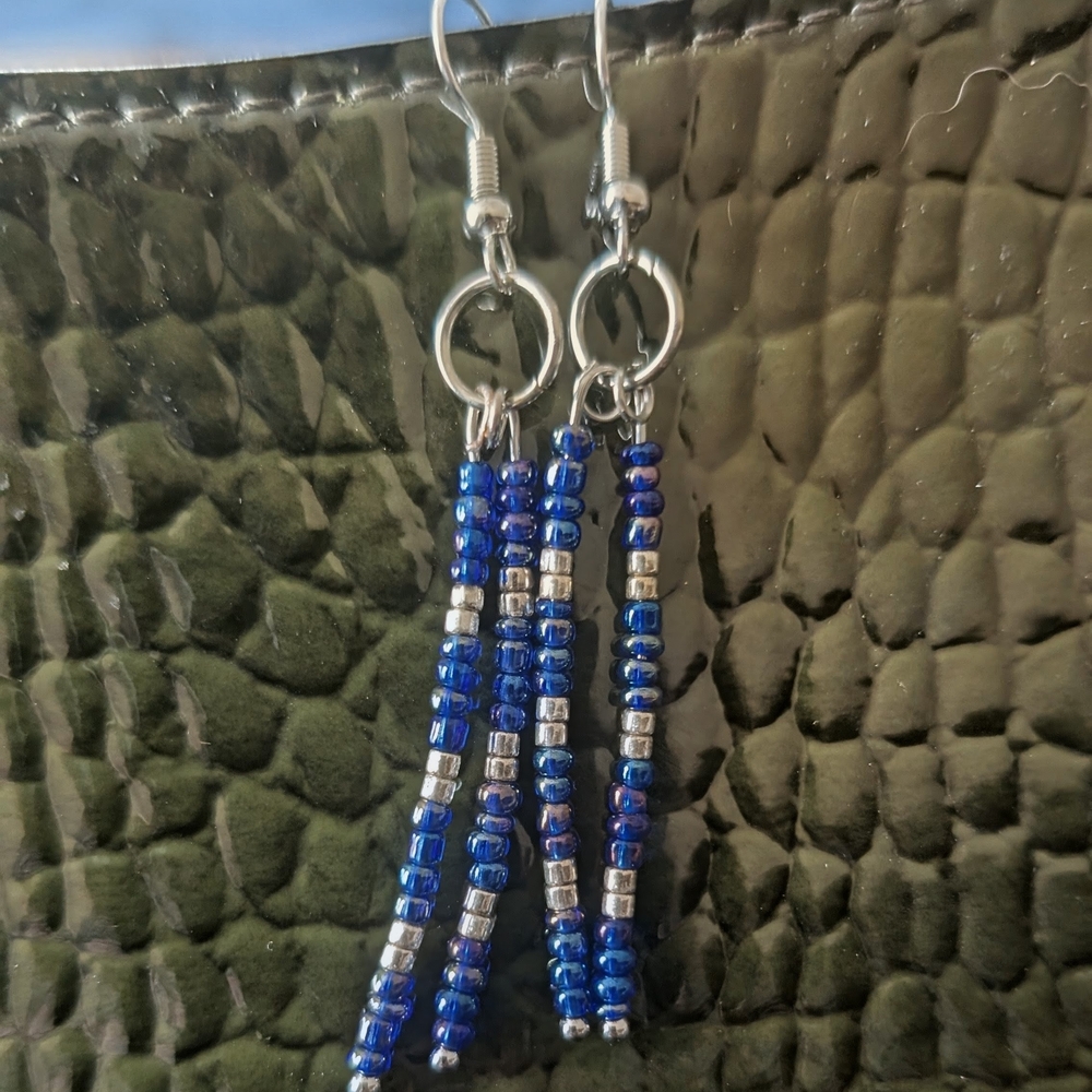 Handcrafted Blue Beaded Dangle Earrings - Unbranded